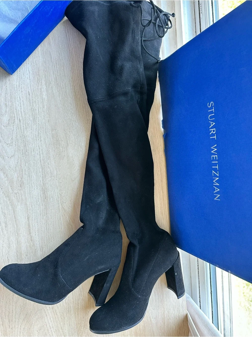 Stuart Weitzman Black Suede Over-the-Knee Block Heel Boots